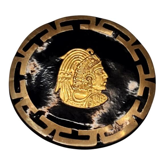 Alpaca Mexico Aztec Round Brass Brooch 2" Vtg Black Gold - Picture 1 of 4